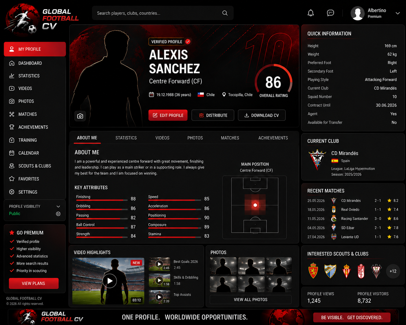 Example of a World Football CV player profile with statistics, videos and career information